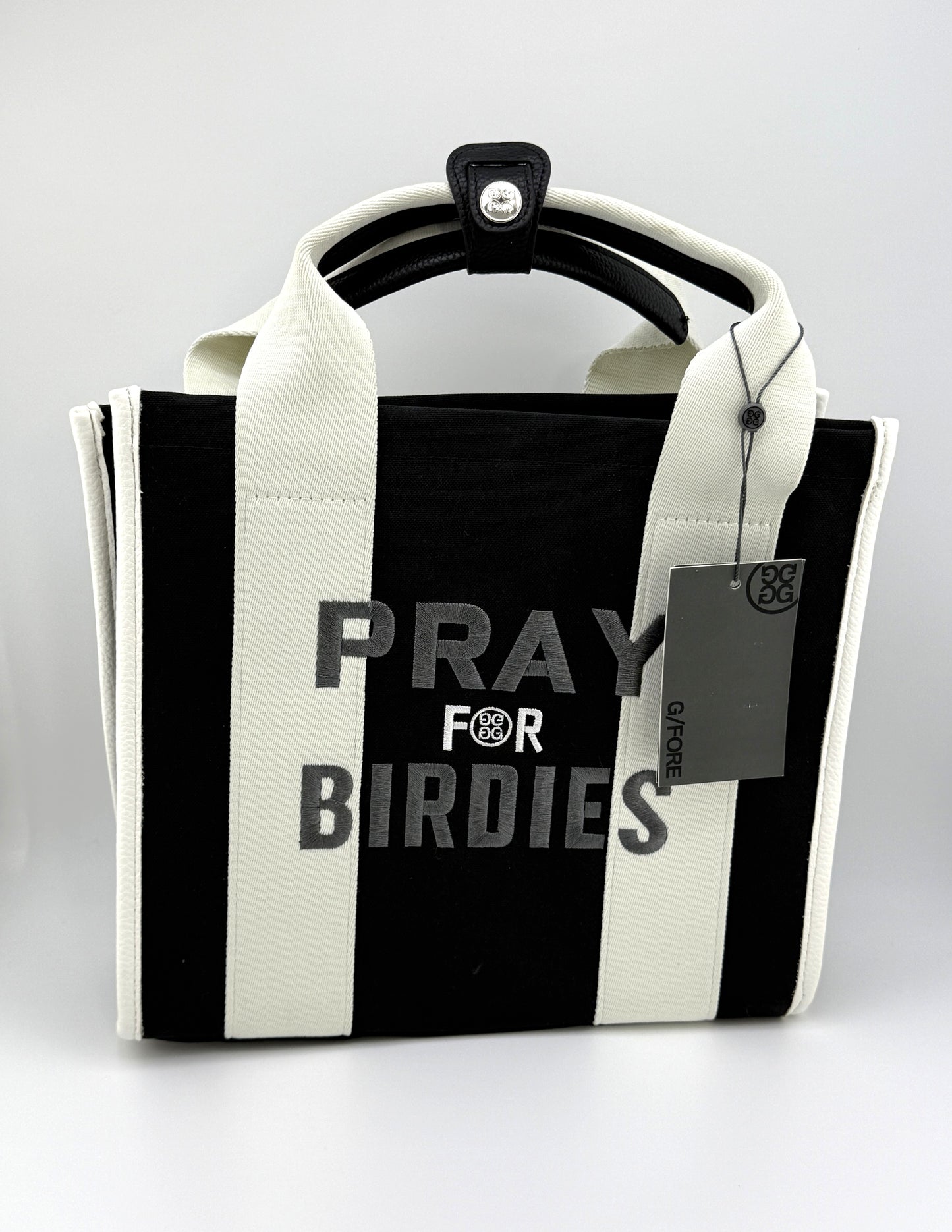 G/FORE PRAY FOR BIRDIES Square Bag Black Canvas Tote Bag with Shoulder Strap