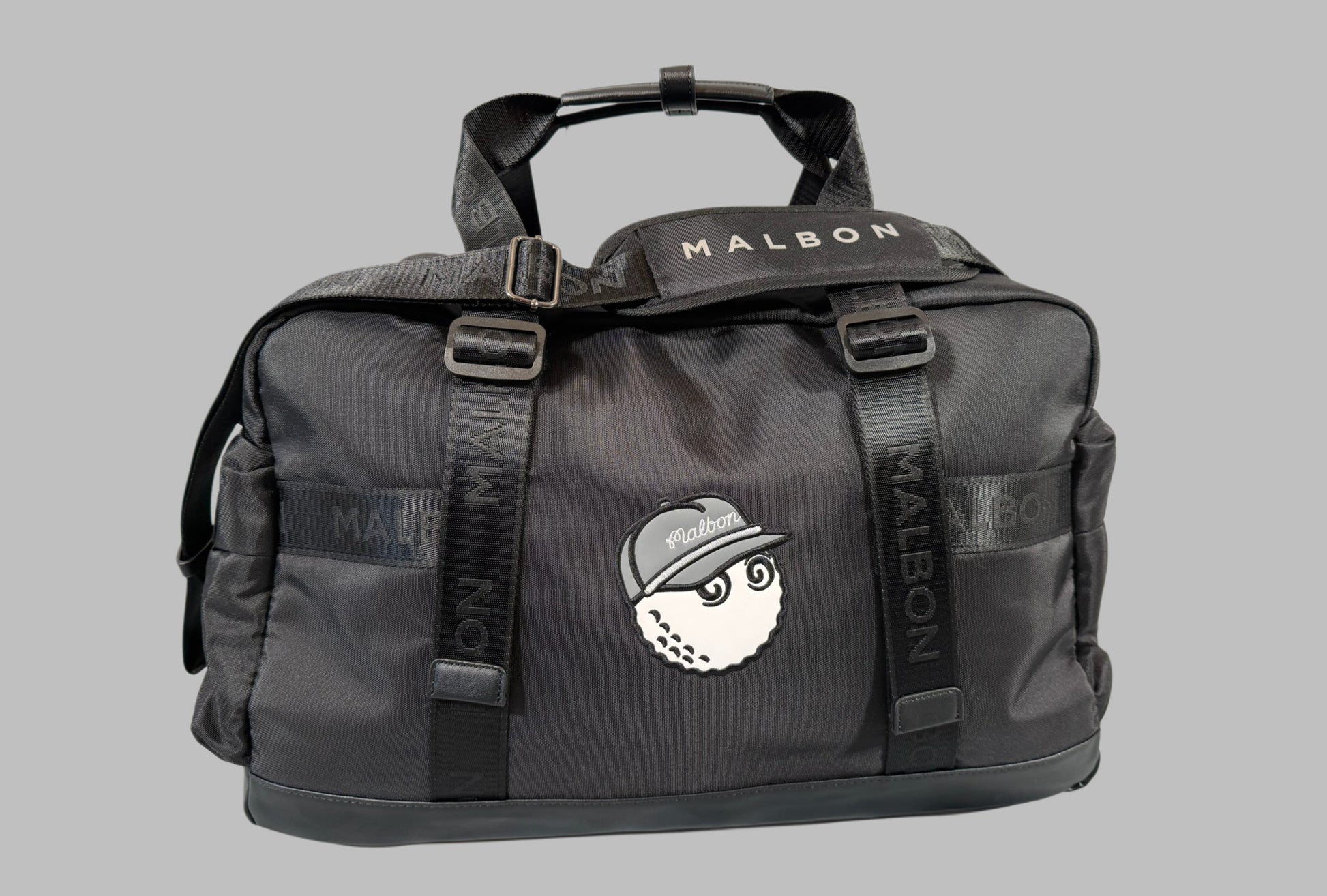 Black duffel bag with 'MALSON' branding on a gray background