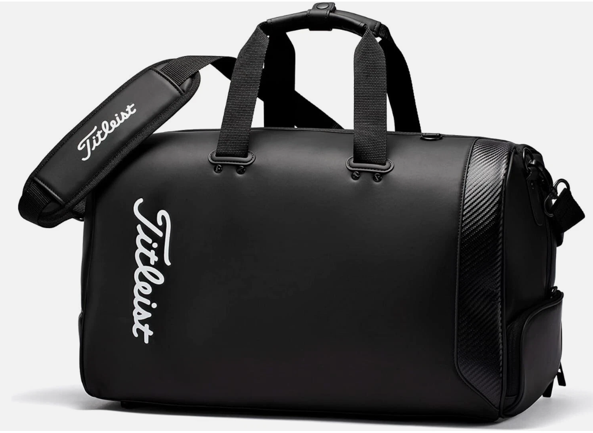 Black duffel bag with Titleist logo on a white background