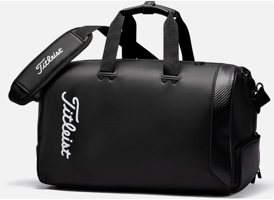 Black duffel bag with Titleist logo on a white background