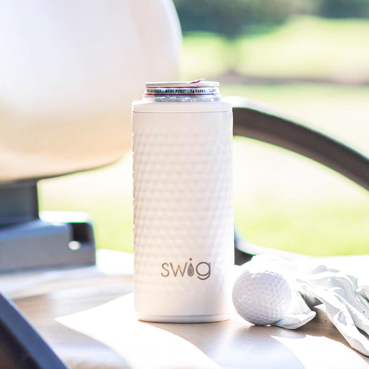 Swig Life Golf Ball 12oz Skinny Can Cooler, Insulated Slim Can Holder, Stainless Steel Cooler